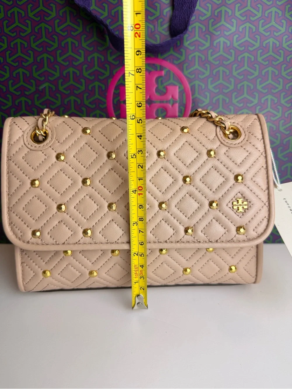 $528 Tory Burch Fleming Stud Small Shoulder Bag Goan Sand Beige Leather 46362